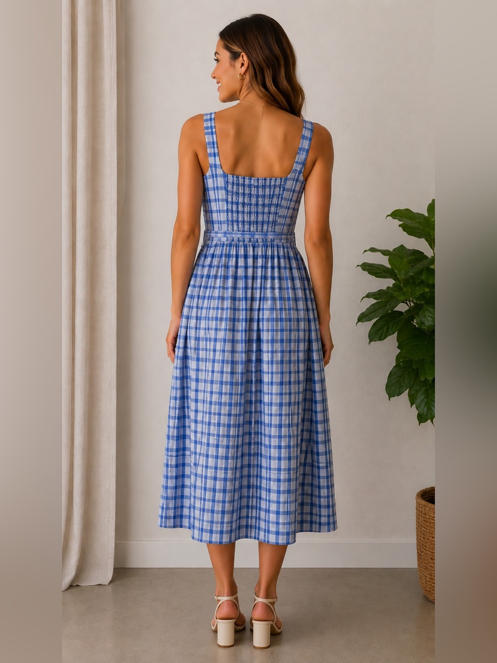 Free Assembly Blue Plaid Midi Dress Size L 12-14 NWT Cottagecore - Picture 2 of 12